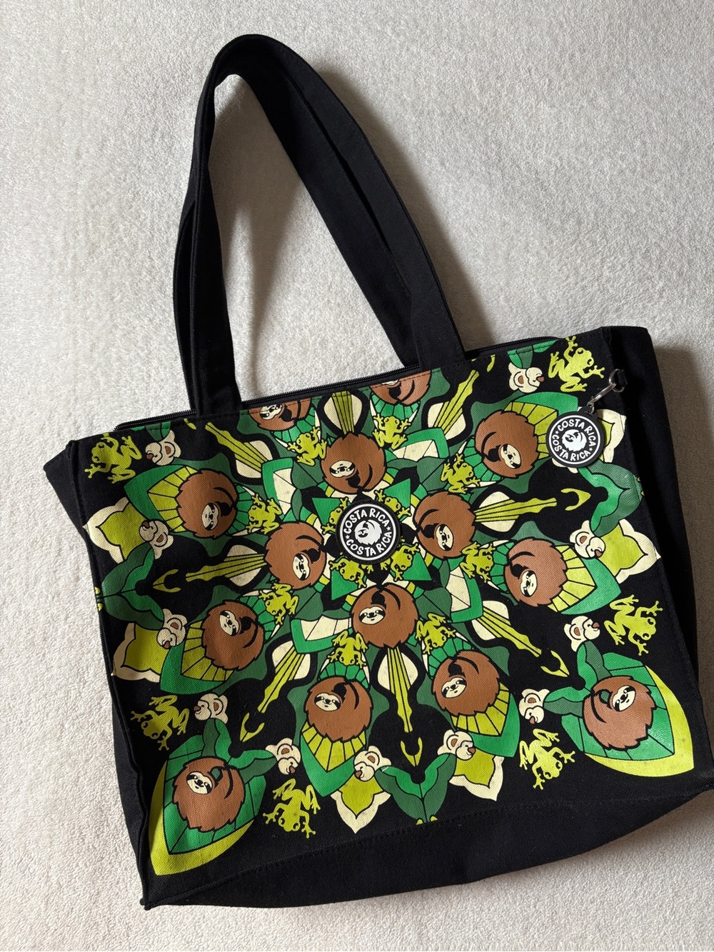Costa Rica Sloth Frog Print Canvas Tote, Lined. Green Black